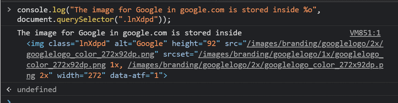 Demonstration of using %o format specifier in console logs for DOM elements